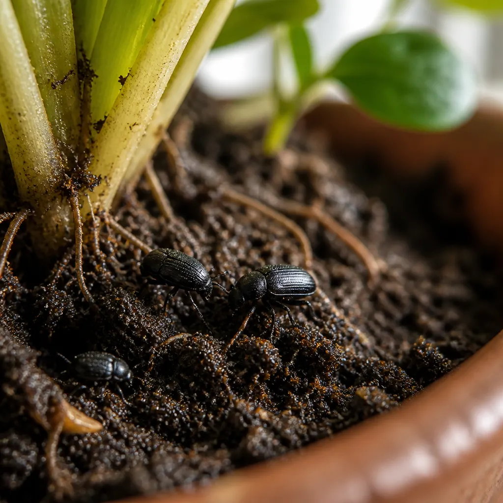 Kleine schwarze Käfer von 1 mm Größe auf Blumenerde in Nahaufnahme