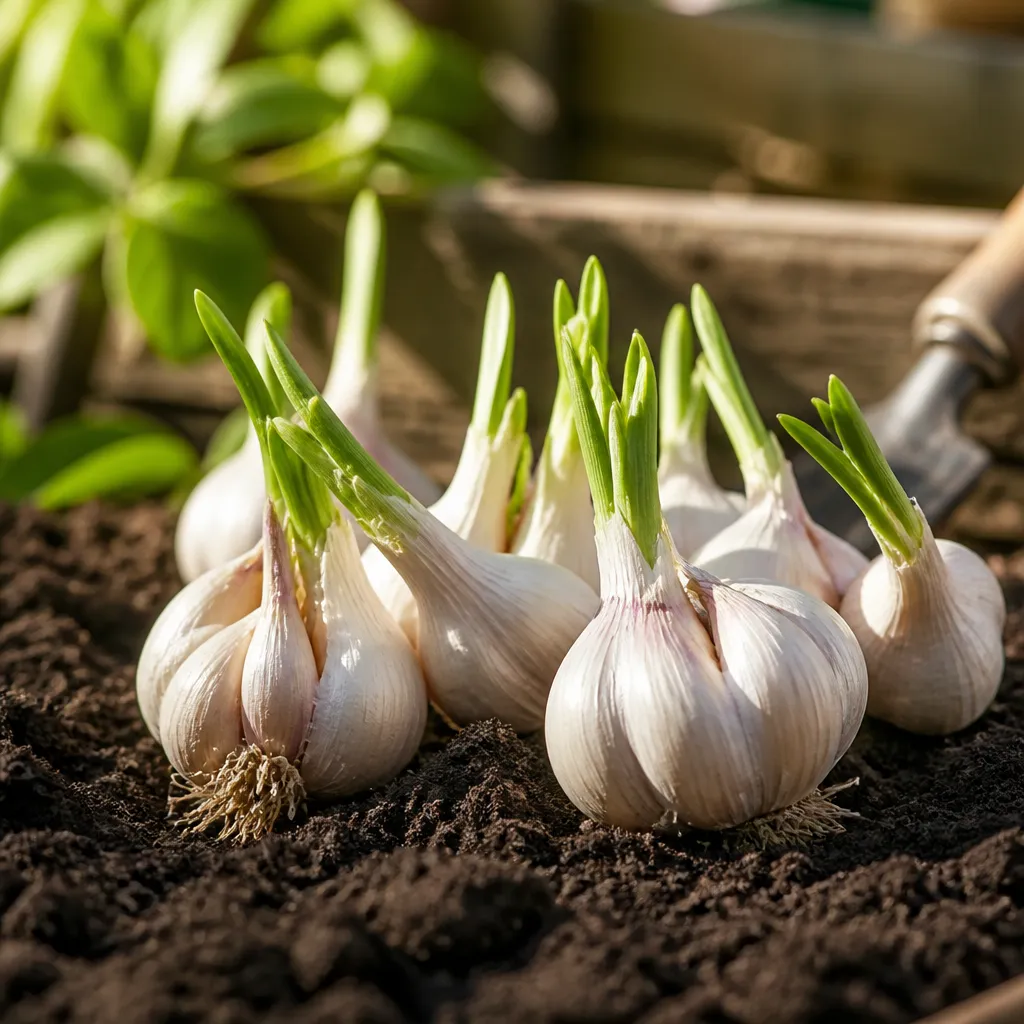 Knoblauch aus dem Supermarkt pflanzen: austreibende Knollen auf lockerer Gartenerde
