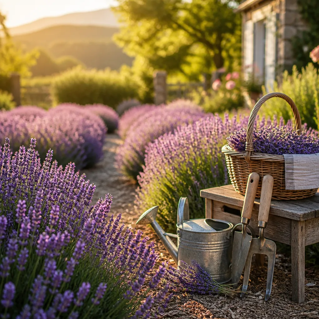 Blühende Lavendelreihen im Garten bei goldenem Licht – idealer Zeitpunkt für Lavendel pflanzen
