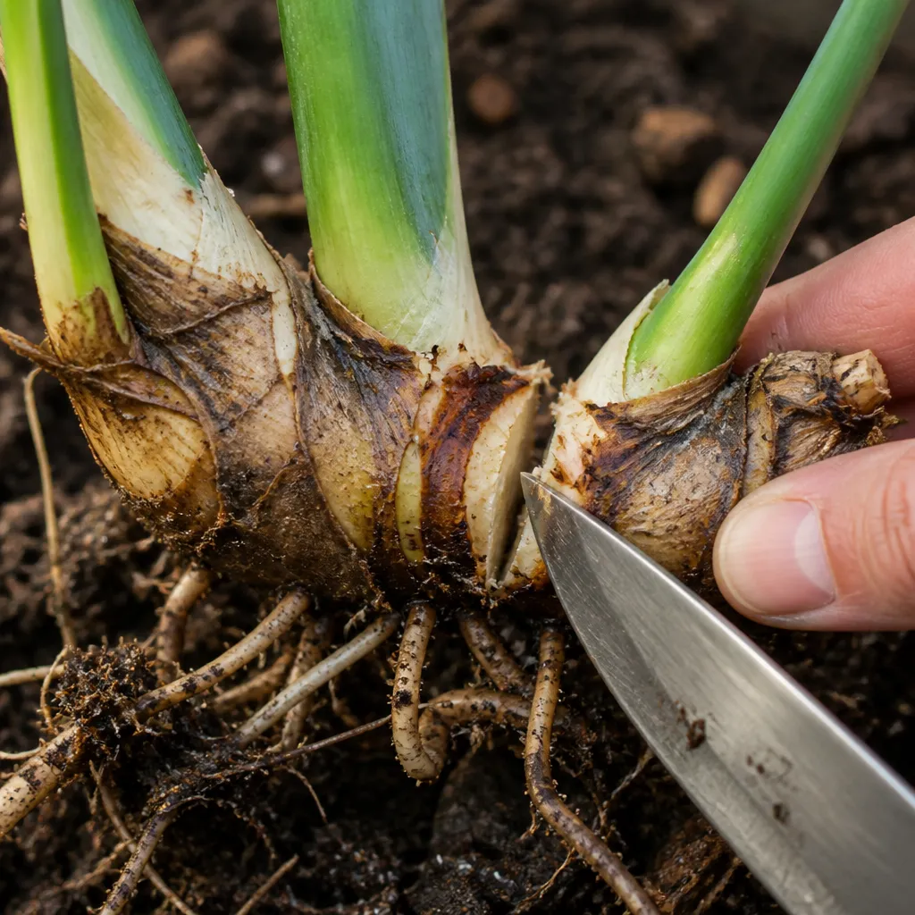 Strelitzie Ableger mit Rhizomstück vor dem Einpflanzen in Blumenerde