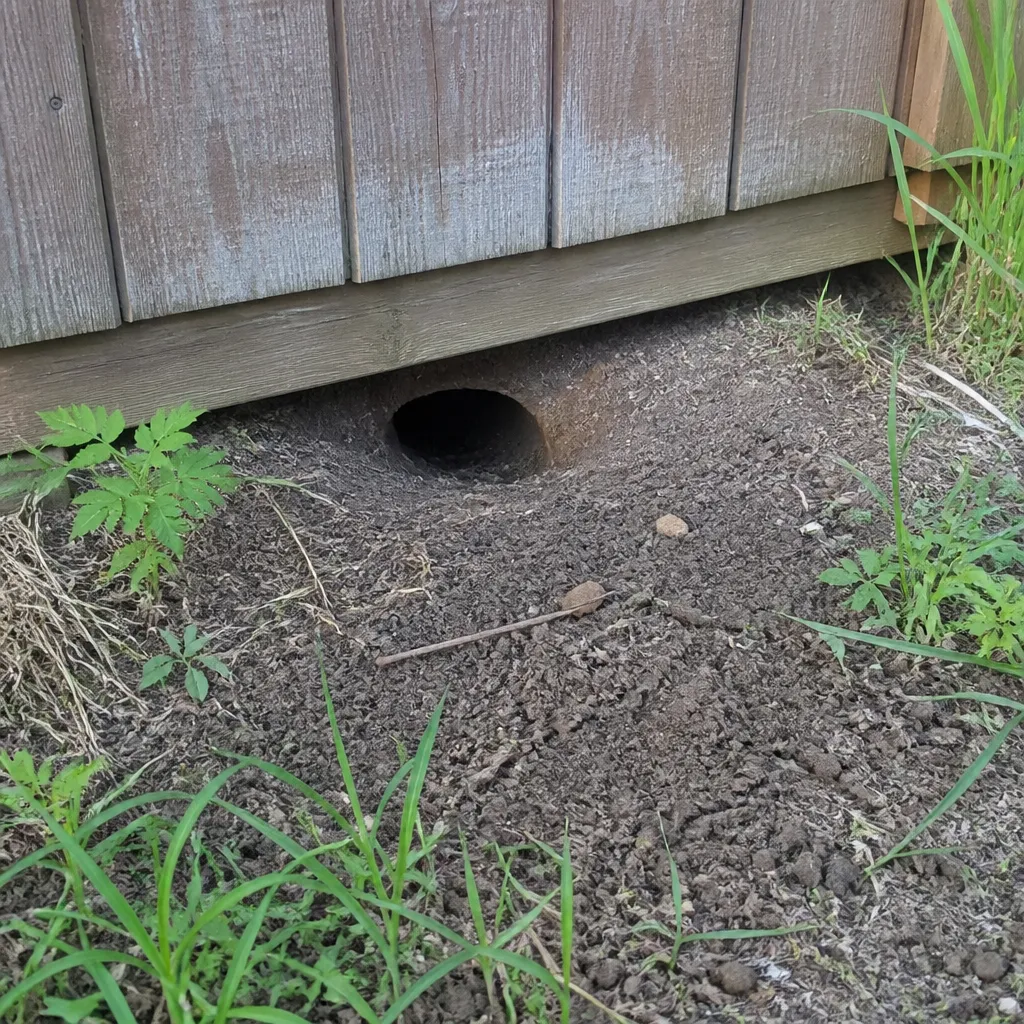 Marderloch unter einem Gartenschuppen mit aufgewühlter Erde am Eingang