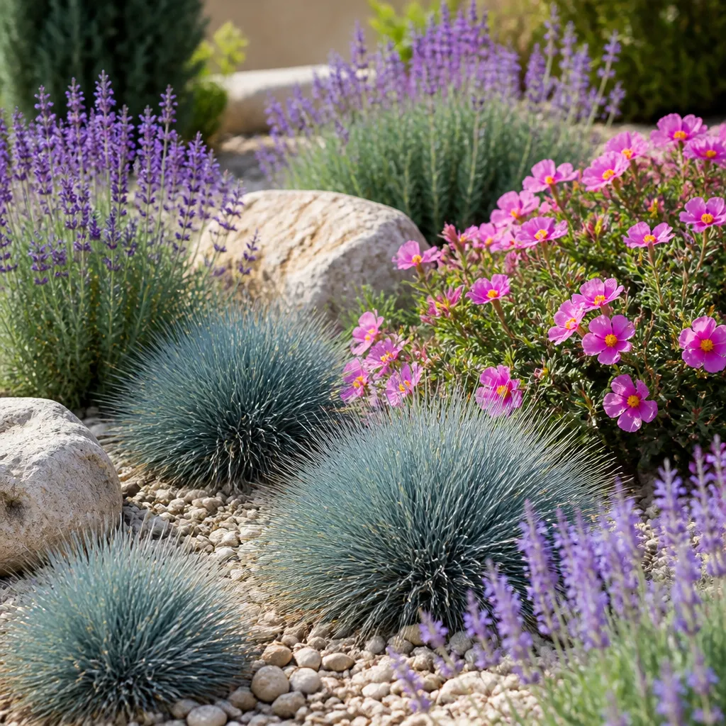 Blauschwingel kombiniert mit Lavendel in einem sonnigen Steppenbeet