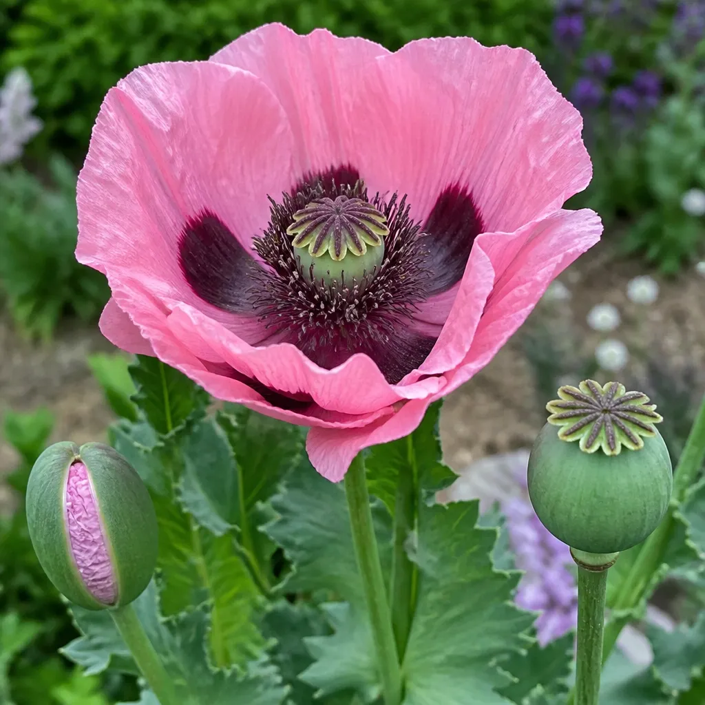 Schlafmohn mit blassrosa Blüte, dunklem Basalfleck und runder Samenkapsel im Garten