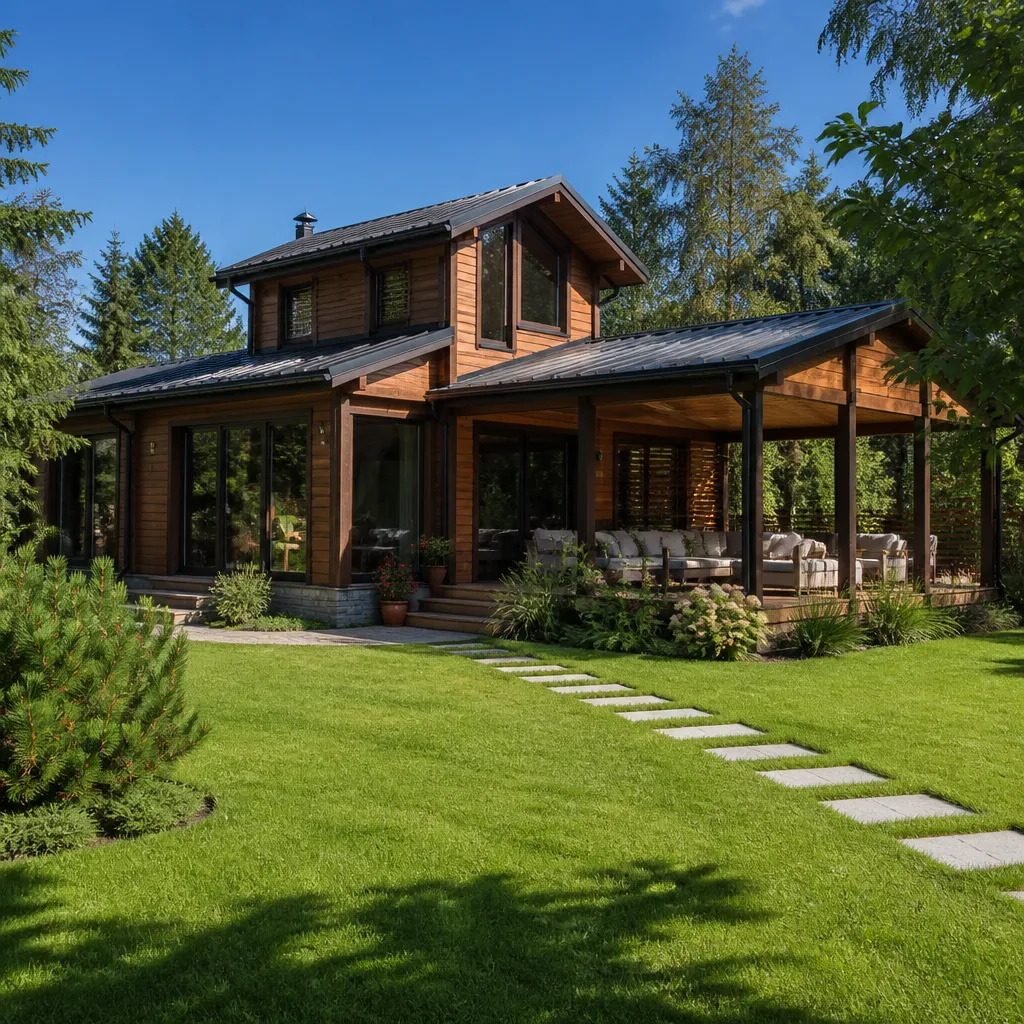 Große moderne Gartenlaube mit überdachter Terrasse im grünen Garten