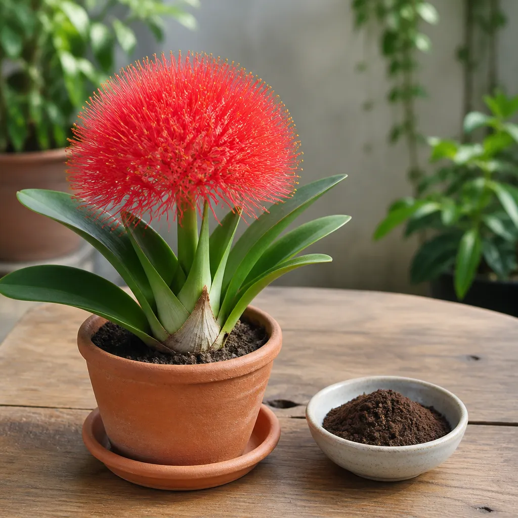 Blutblume im Topf neben einer Schale getrockneten Kaffeesatzes zum Düngen