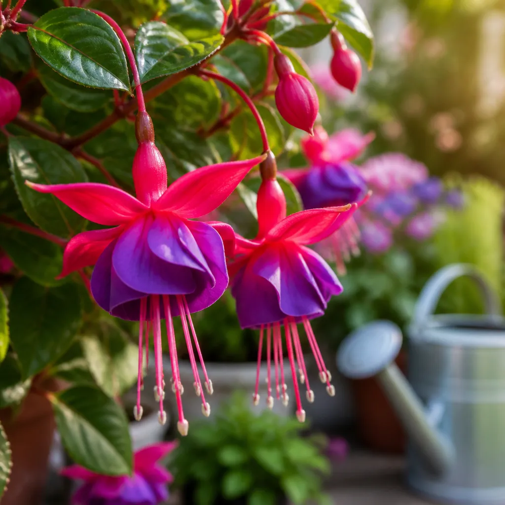 Blühende Fuchsie mit rosa-violetten Blüten wird im Garten gedüngt und gepflegt
