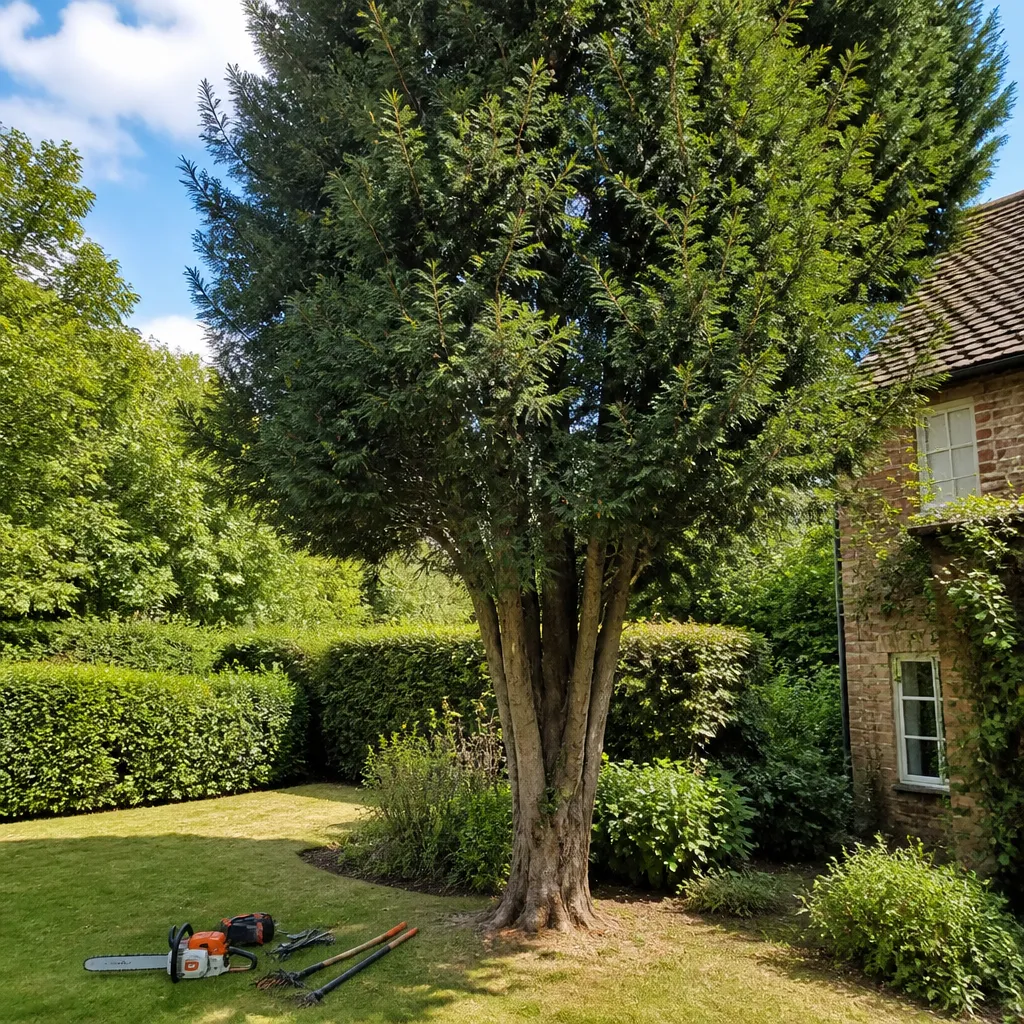 Eibe im Garten eines Privatgrundstücks mit Kettensäge davor