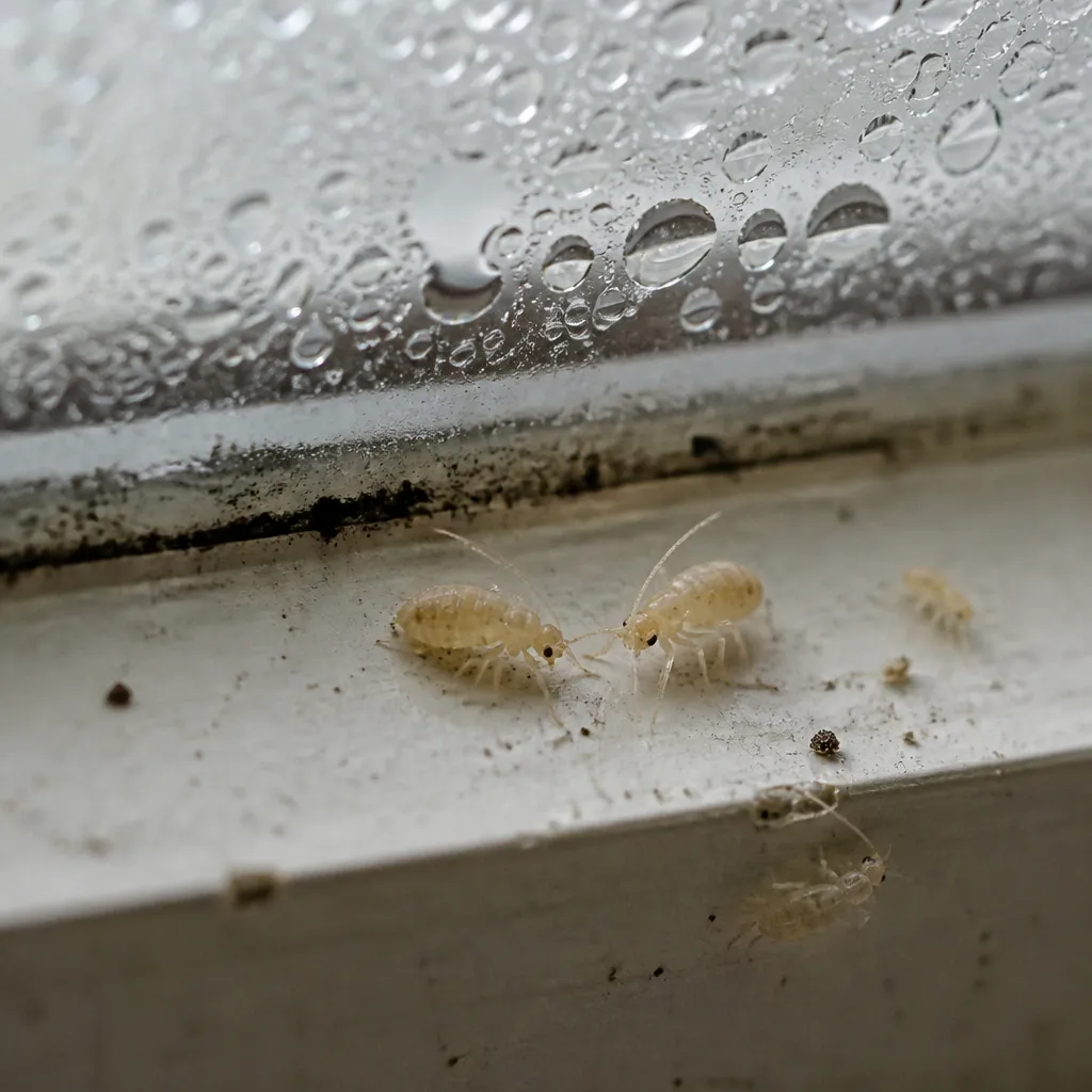 Winzige Staubläuse auf feuchter Fensterbank mit Kondenswasser