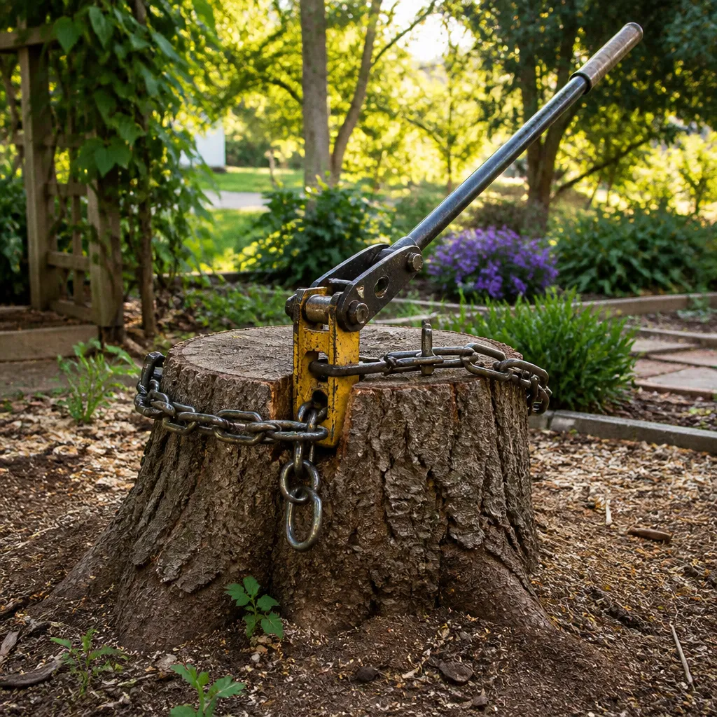 Wurzelstock im Garten wird mit Kettenzug und Hebeltechnik ohne Ausgraben entfernt