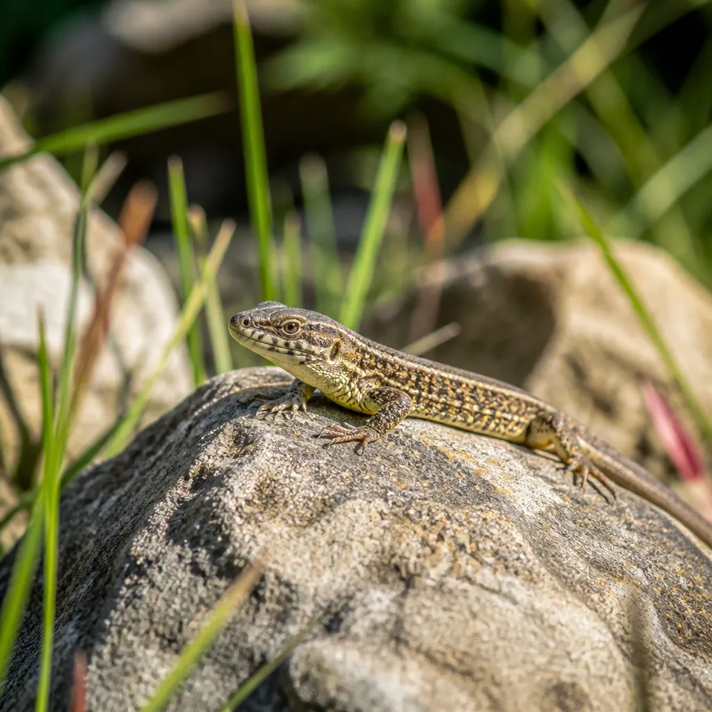 Eidechse sitzt auf einem Stein im Garten und sucht nach Insekten