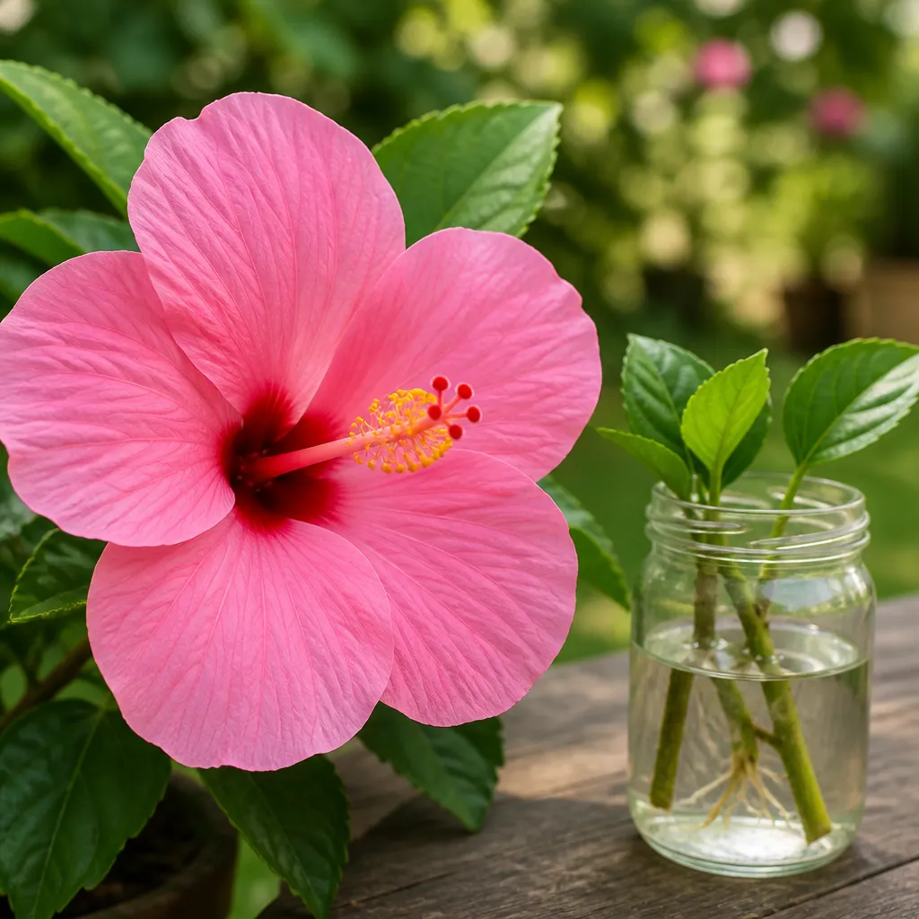 Blühender rosa Hibiskus im Garten neben Stecklingen zur Vermehrung in einem Glas Wasser