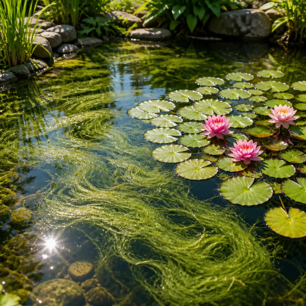 Fadenalgen schwimmen an der Wasseroberfläche eines Gartenteichs zwischen Seerosenblaettern
