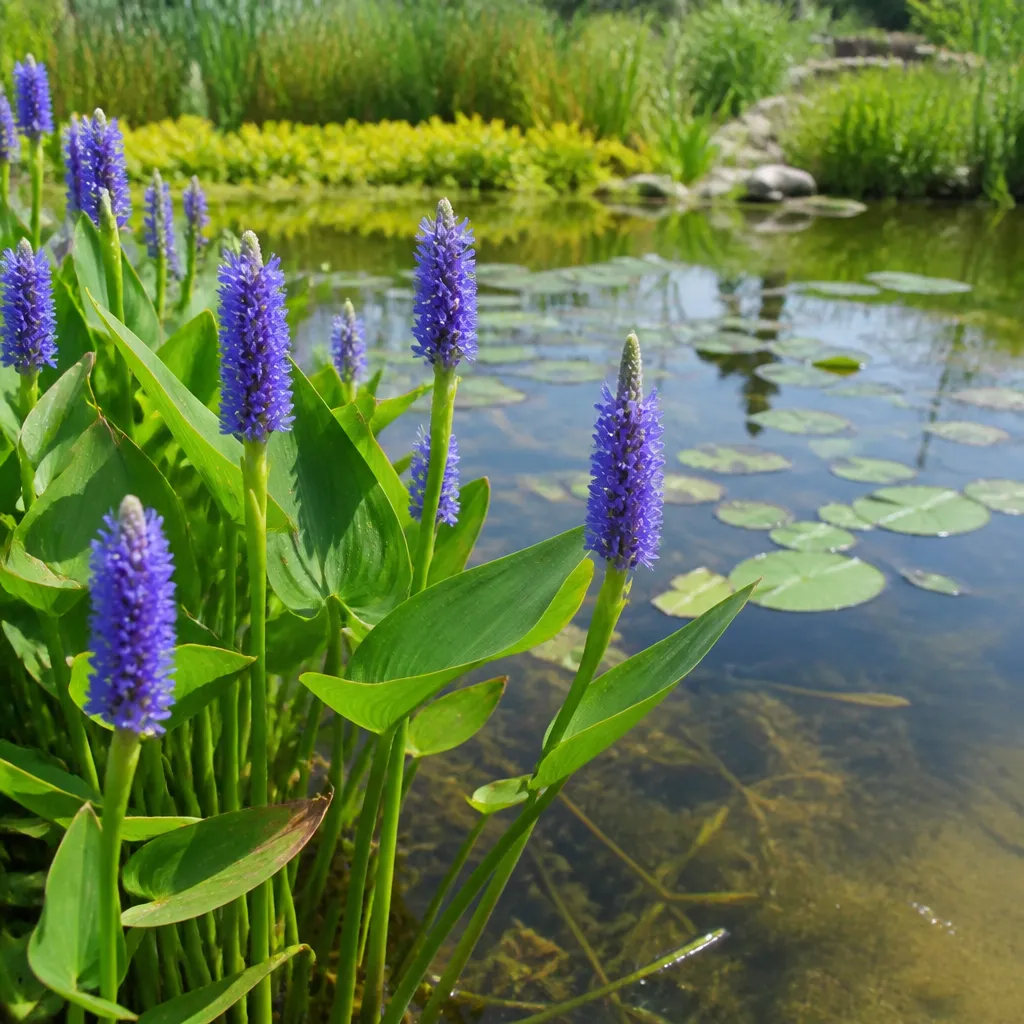Hechtkraut mit blauvioletten Blüten im flachen Bereich eines Gartenteichs