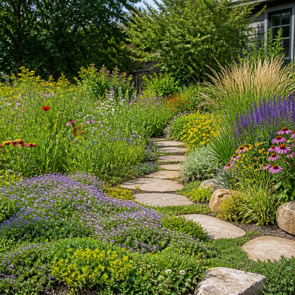 Garten mit Bodendeckern, Staudenbeet und Wildblumenwiese anstelle eines klassischen Rasens