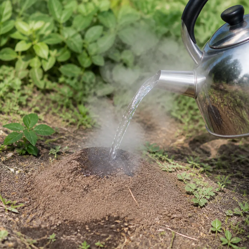 Kochendes Wasser wird aus einem Wasserkocher auf einen Ameisenhügel im Garten gegossen