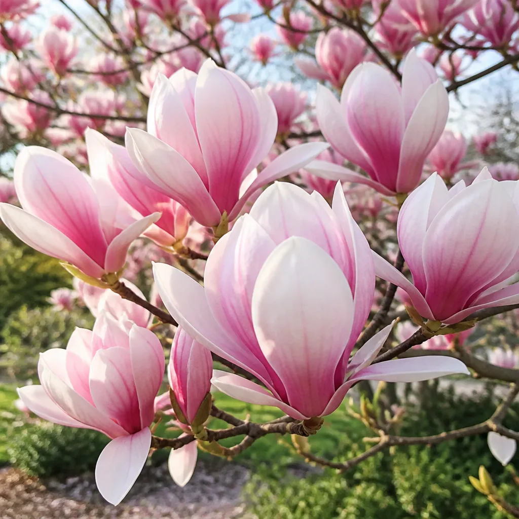 Magnolienzweig mit großen rosa-weißen Blüten im Frühjahr vor blauem Himmel