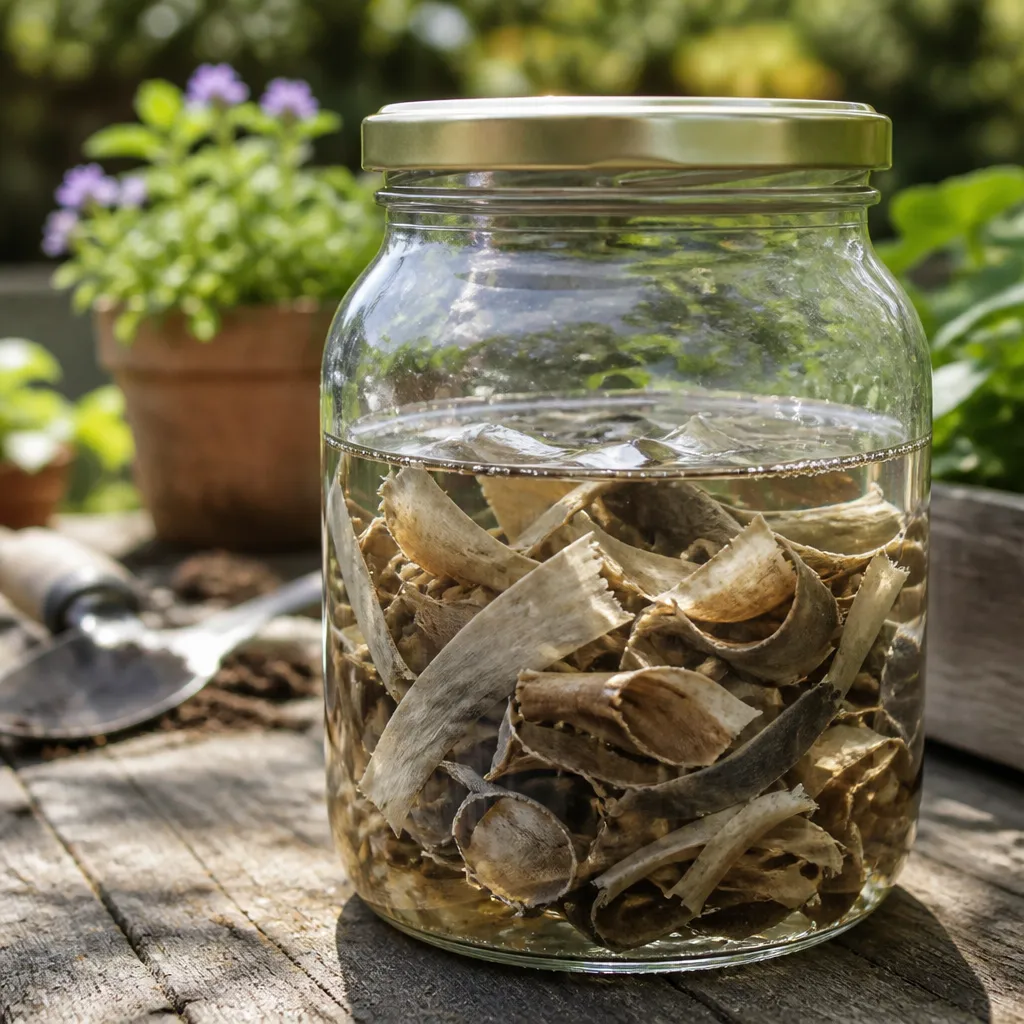 Glas mit Hornspänen und Wasser zum Ansetzen von Flüssigdünger im Garten