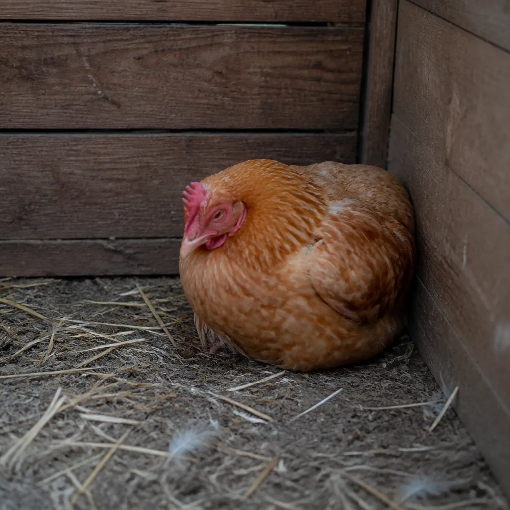 Krankes Huhn mit aufgeplustertem Gefieder und gesenktem Kopf sitzt allein im Stall
