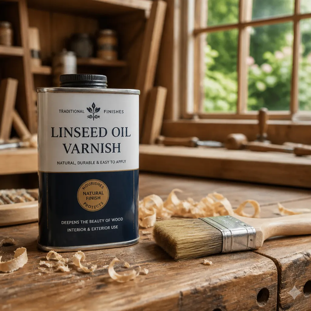Dose mit Leinölfirnis auf Holzwerkbank neben Pinsel und Holzspänen