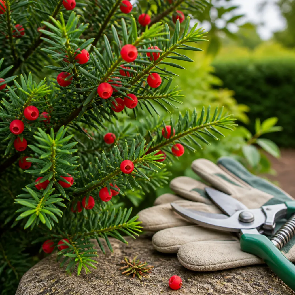 Eibenzweige mit Nadeln und roten Beeren neben Gartenhandschuhen und Schere