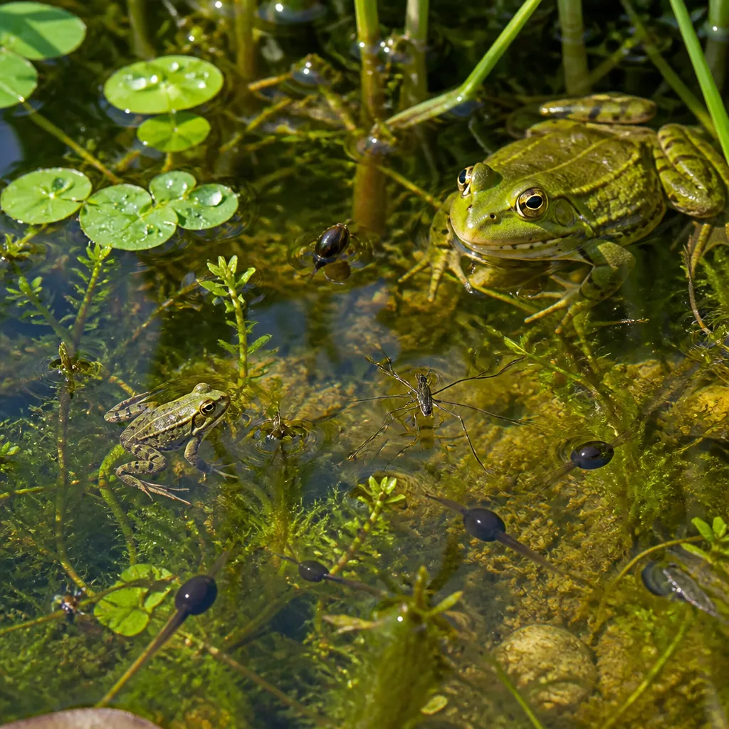 Gartenteich mit Frosch, Kaulquappen und Wasserpflanzen zur Bestimmung der Teichbewohner