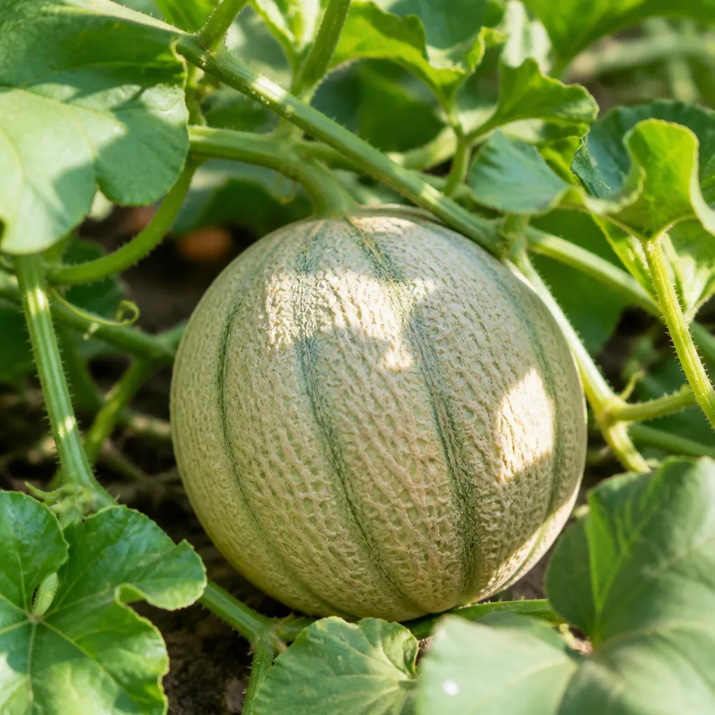 Reife Melone wächst am Rank im heimischen Garten zwischen grünen Blättern