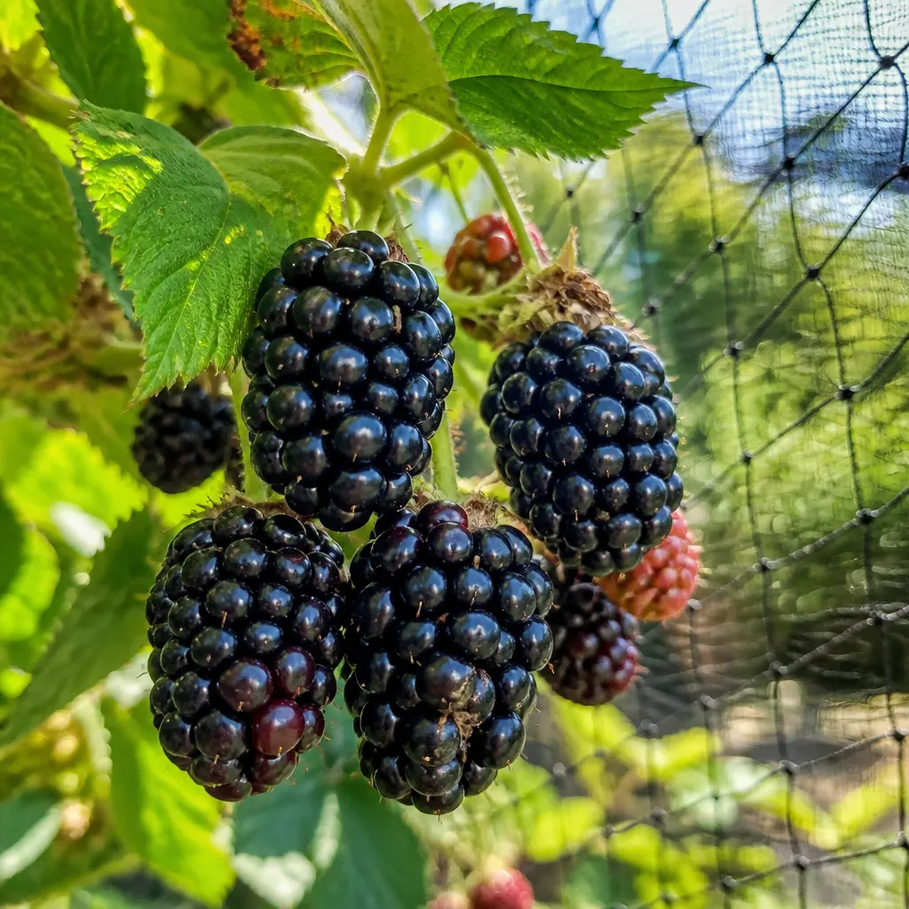 Reife Brombeeren am Strauch mit feinmaschigem Schutznetz im Hintergrund