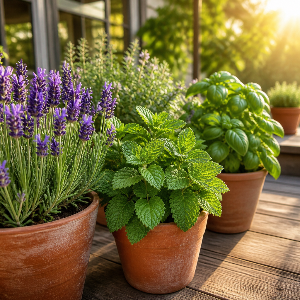 Pflanzen gegen Mücken: Lavendel und Zitronenmelisse in Tontöpfen auf einer sonnigen Terrasse